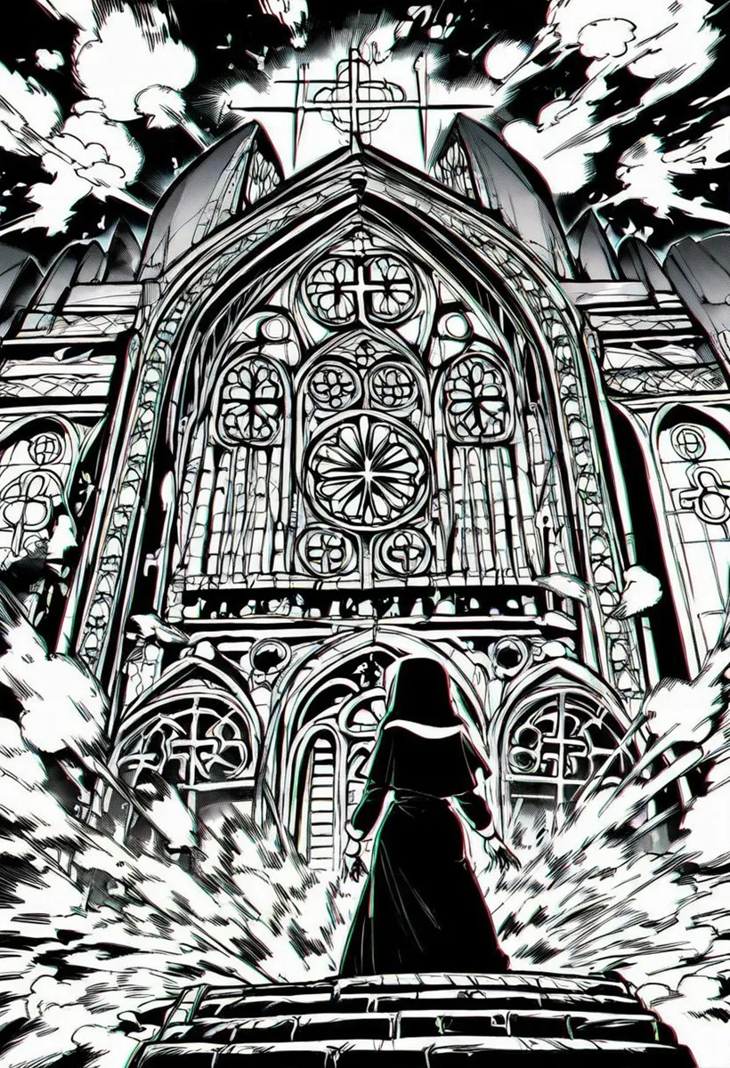 A dramatic scene of a nun standing in front of a large, elaborately detailed gothic cathedral with a dynamic sky backdrop. AI generated image using Stable Diffusion.