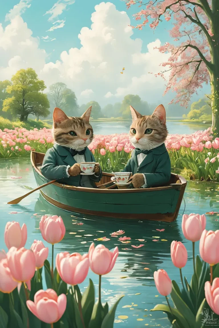 Whimsical illustration of two cats in suits drinking tea in a rowboat surrounded by tulip flowers on a calm lake. AI generated image using Stable Diffusion.