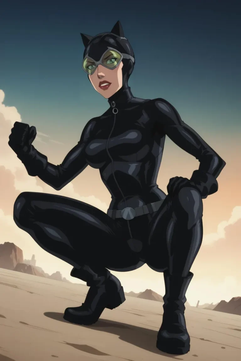 A digital artwork of Catwoman crouching in a black superhero outfit and green goggles against a sunset backdrop, created using AI and Stable Diffusion.