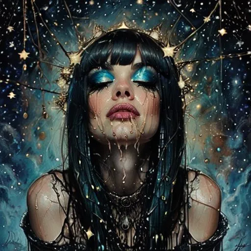 Celestial goddess with starry makeup and elaborate headpiece, AI generated using Stable Diffusion.
