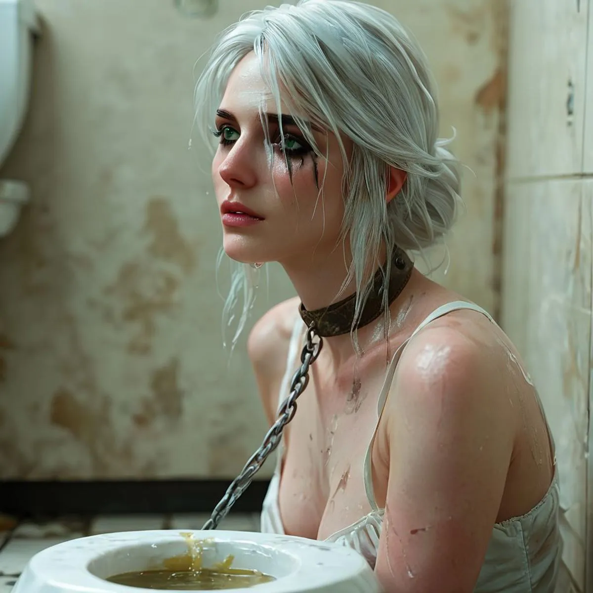 A distressed woman with white hair, chained by the neck in a dingy, dimly lit dungeon-like bathroom, generated using stable diffusion AI.