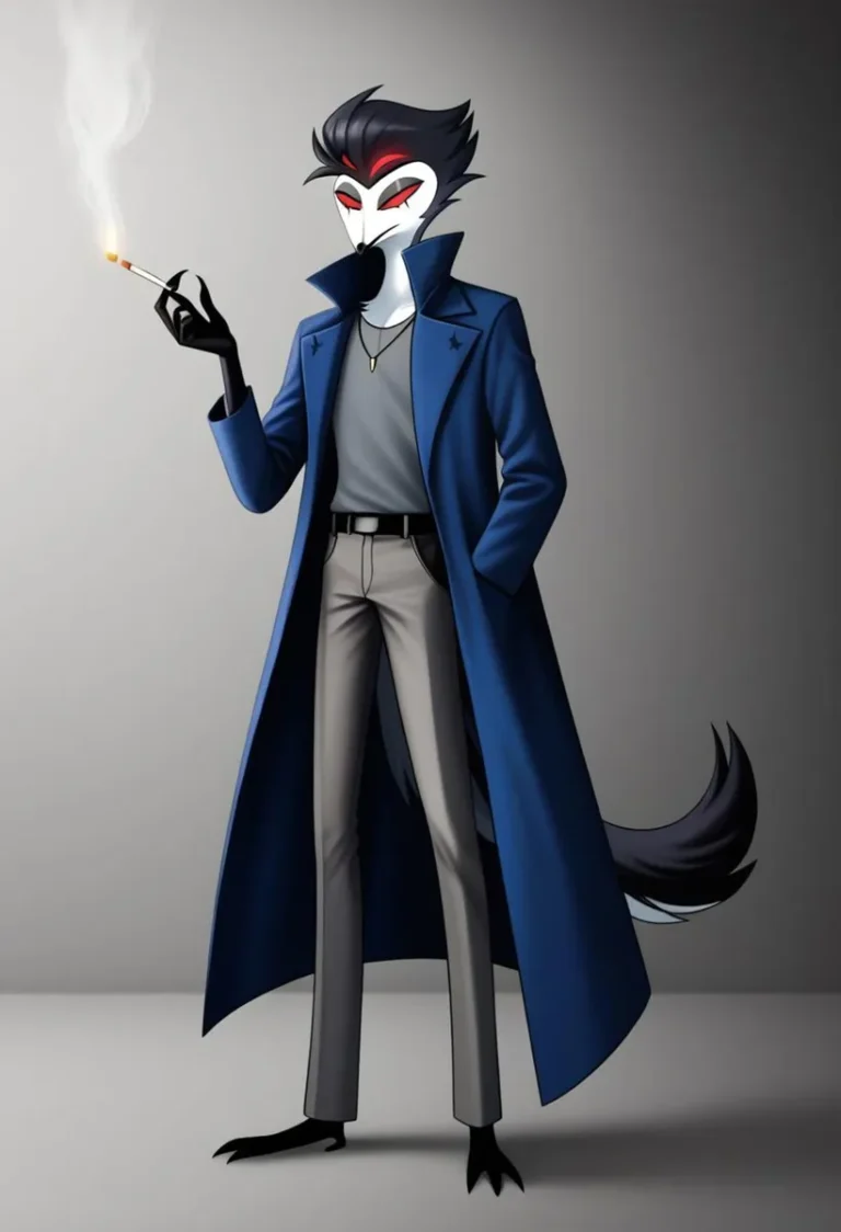 AI generated image of an anthropomorphic character with a sleek design, wearing a blue coat and smoking a cigarette. Created using Stable Diffusion.
