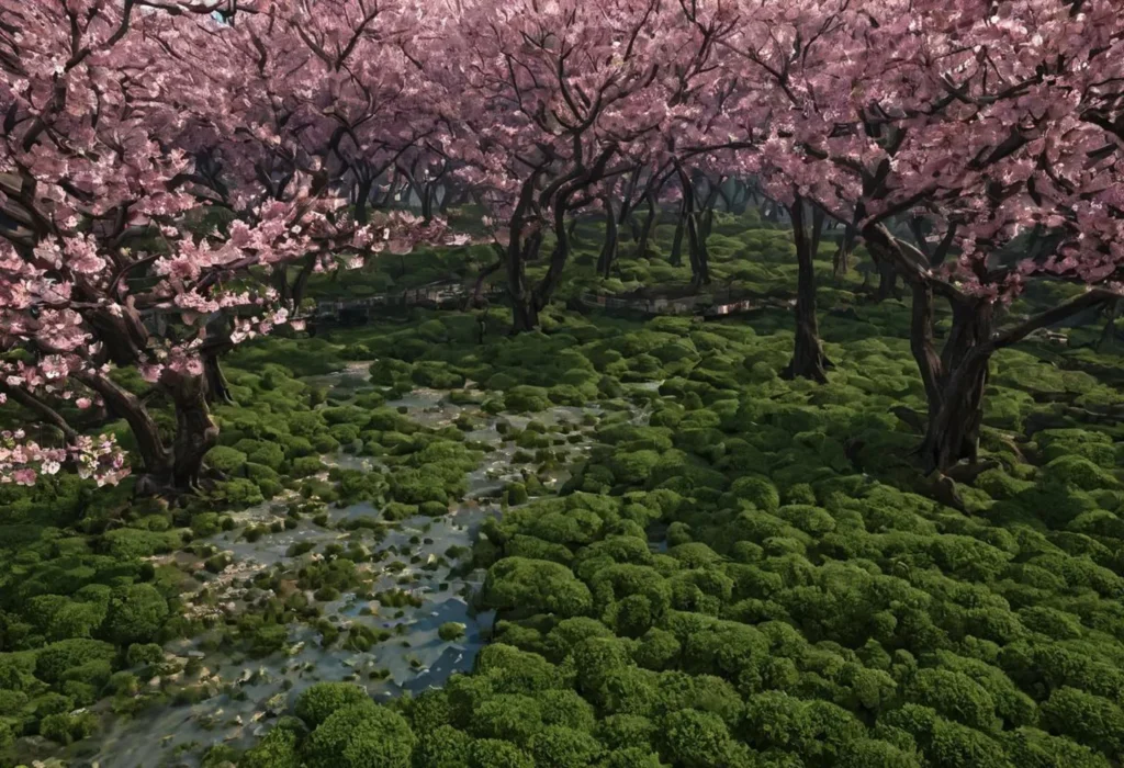 Serene landscape with cherry blossom trees and lush moss garden, AI generated using stable diffusion.