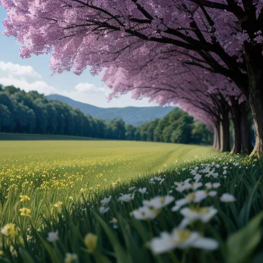 Ai generated image of a picturesque spring landscape with cherry blossom trees and a meadow using stable diffusion.