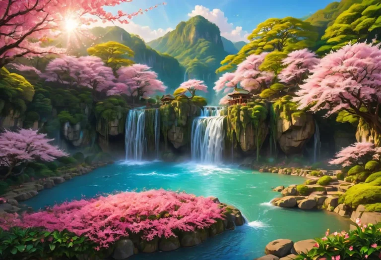 Serene landscape with a vibrant scene of cherry blossoms, waterfalls, and traditional architecture, generated by AI using Stable Diffusion.