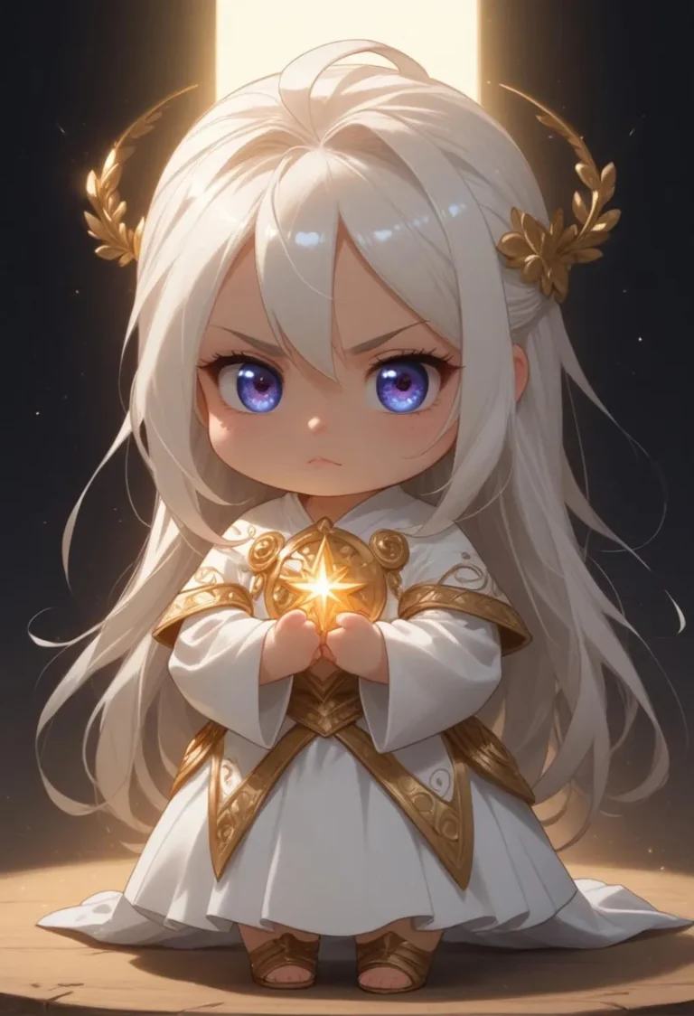 Chibi character with white hair and blue eyes in white and gold fantasy attire, holding a glowing star, created using Stable Diffusion.