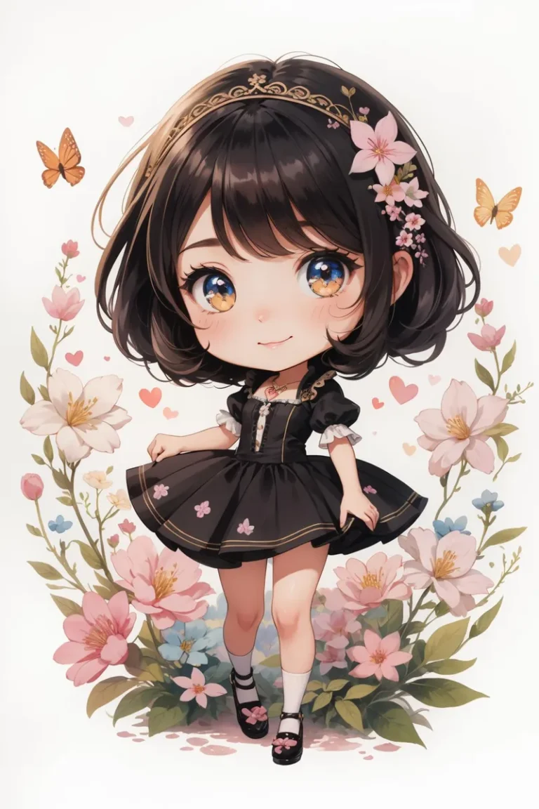A cute anime chibi girl with big blue eyes, wearing a black dress adorned with flowers and a golden headband, standing amidst a floral background with butterflies and hearts. AI generated image using stable diffusion.