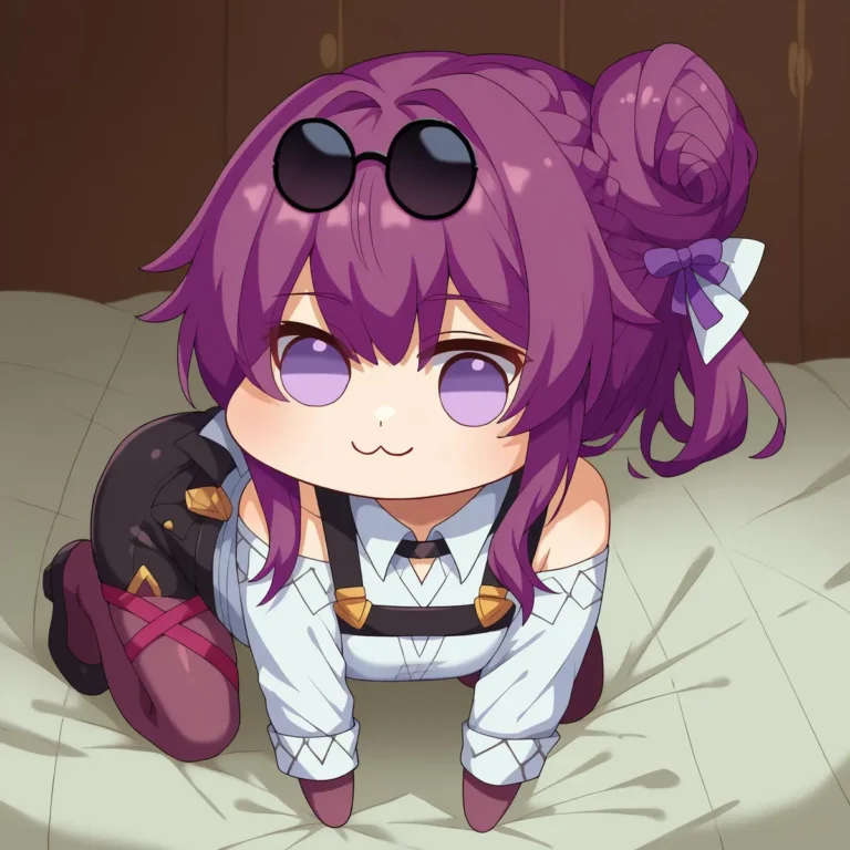 Chibi-style anime girl with purple hair styled in a bun and braids, wearing glasses and a cute outfit including a white shirt with a tie, black shorts with gold accents, and purple stockings. AI generated using Stable Diffusion.