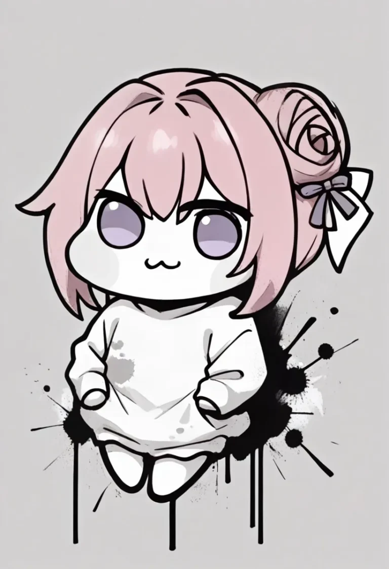 A cute chibi character with pink hair and big purple eyes, dressed in a white hoodie. This is an AI generated image using Stable Diffusion.