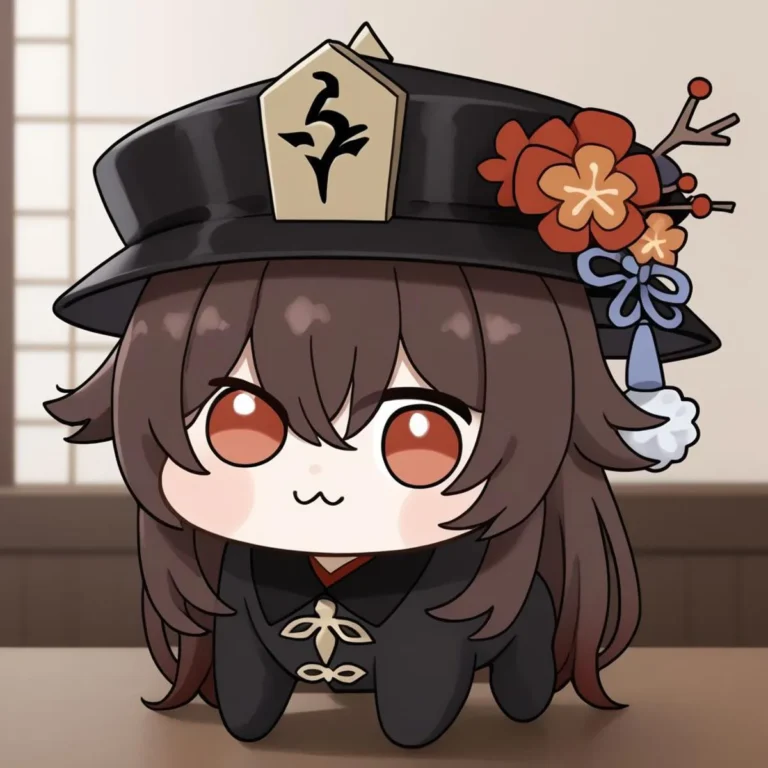 A cute chibi-style anime girl with large red eyes, wearing a traditional black hat adorned with red and orange flowers, created using AI and Stable Diffusion.