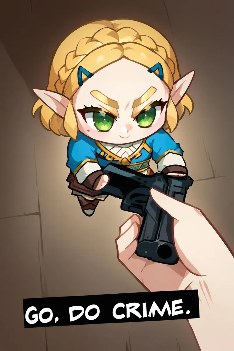 Anime-style chibi elf character with blonde braided hair and pointy ears, holding a gun. The text below reads 'Go, Do Crime.' This is an AI-generated image using Stable Diffusion.