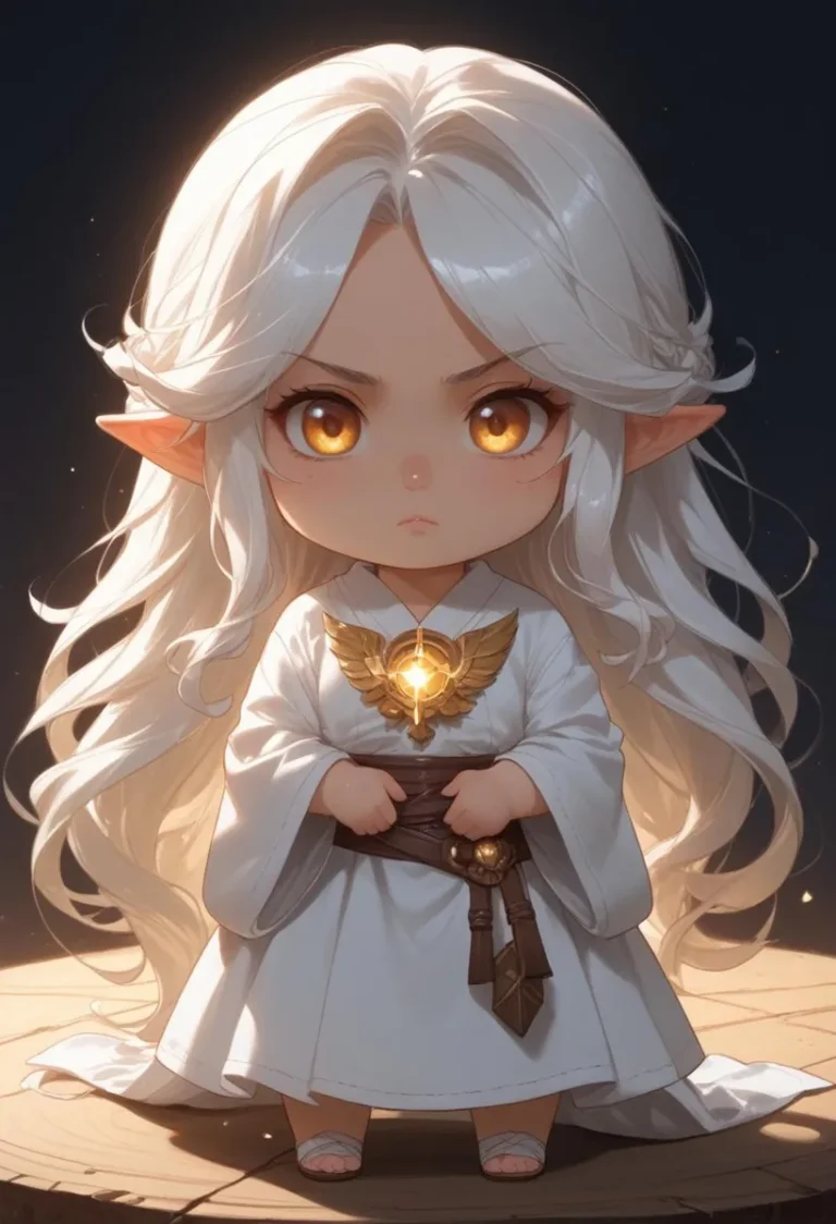 A chibi-style fantasy elf with golden eyes, white hair, and angelic attire, generated by AI using Stable Diffusion.