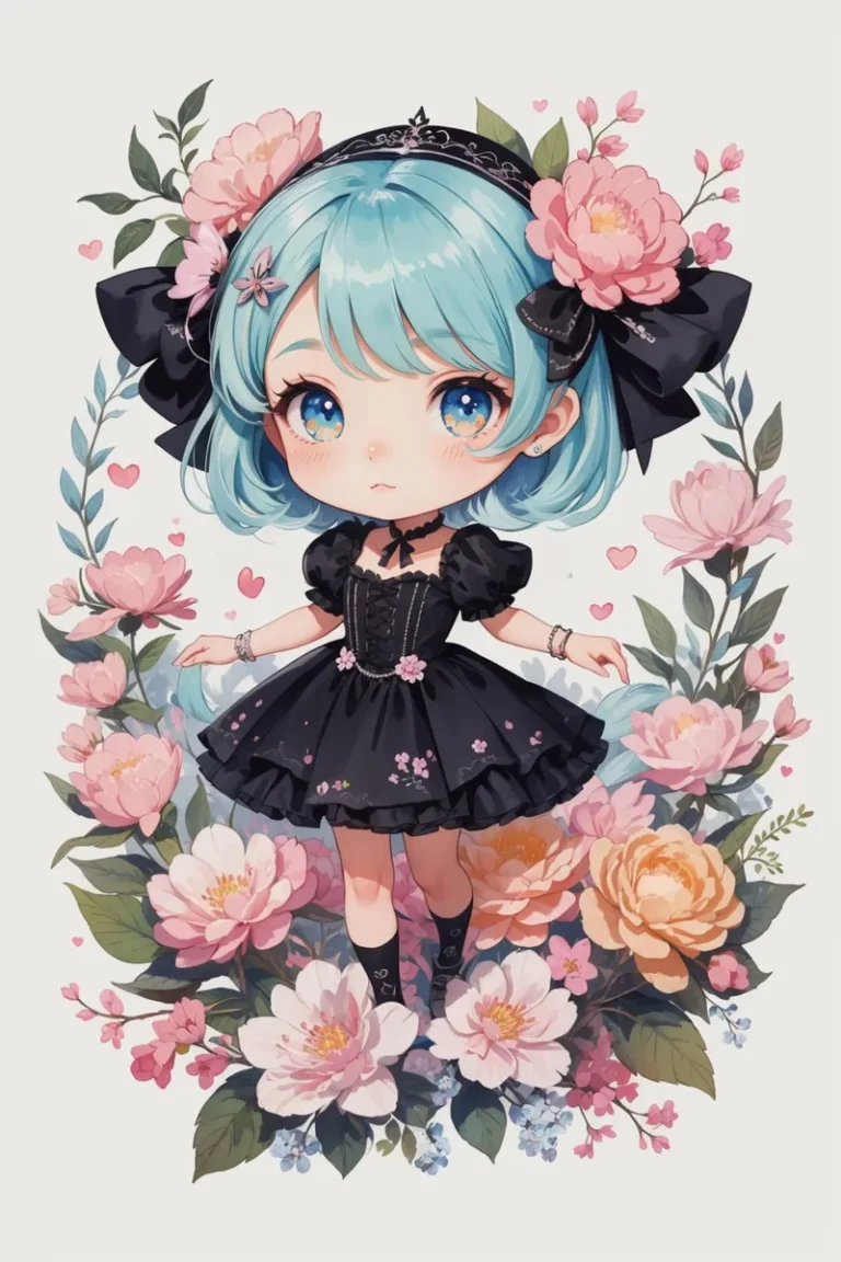AI generated image of a chibi girl with blue hair in a black dress, surrounded by a floral background using Stable Diffusion.