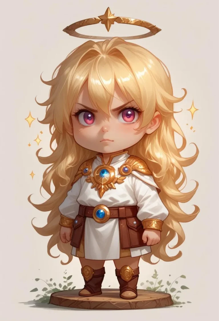 A chibi style paladin warrior with blonde hair, pink eyes, and a golden halo, adorned in white and gold armor. This is an AI generated image using stable diffusion.