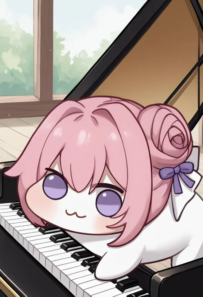 Cute chibi anime character with pink hair and purple eyes with a bow, playing piano in a room with a large window, AI generated image using Stable Diffusion.
