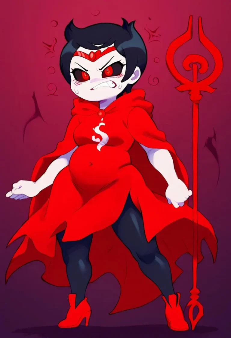 Chibi character dressed in a red costume with a demonic staff, AI generated image using stable diffusion.