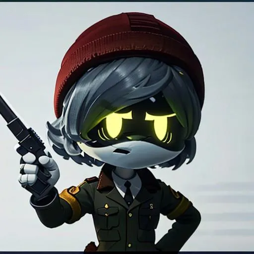 AI generated image of a chibi-styled soldier with a dark uniform, holding a pistol with a confident and determined expression. Created using Stable Diffusion.