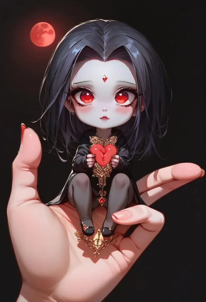 A chibi vampire with large red eyes holding a heart, sitting on a human hand under a red moon. AI generated image using Stable Diffusion.