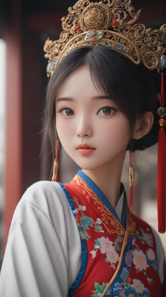 Young woman with delicate features wearing traditional Chinese dress and an ornate headpiece. This AI generated image was created using Stable Diffusion.