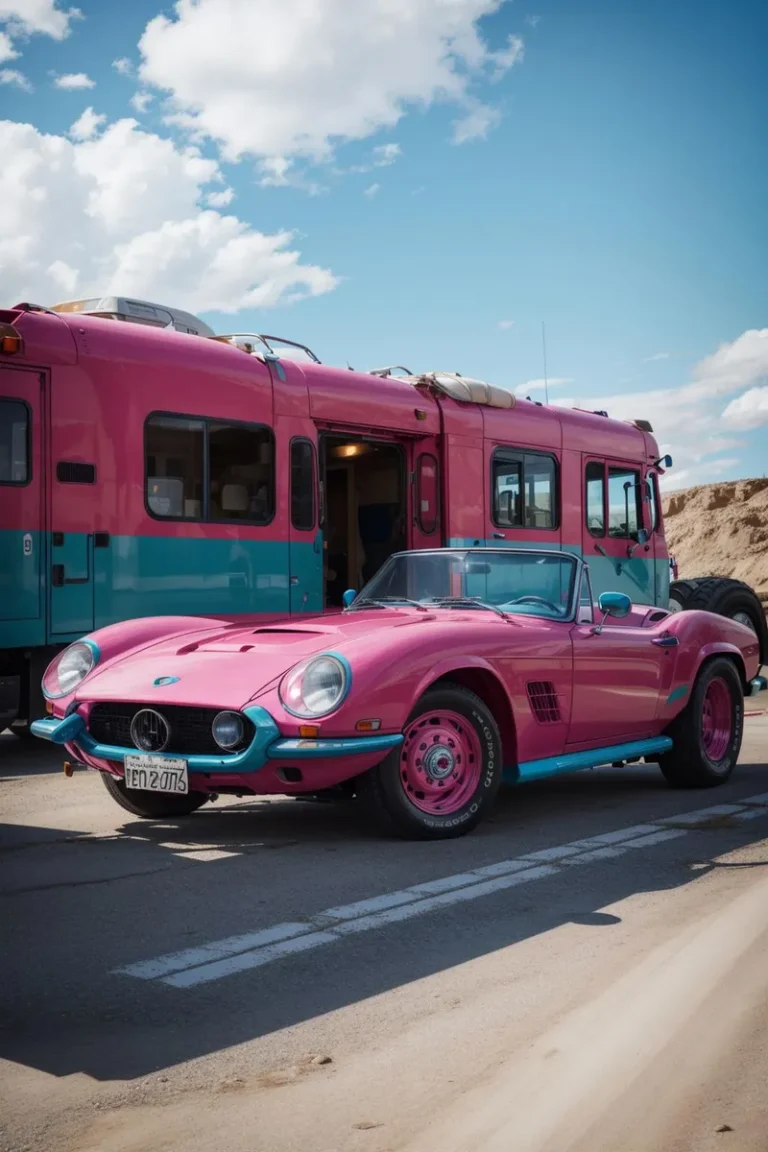 A vibrant AI-generated image using Stable Diffusion showcases a classic pink convertible sports car parked next to a retro bus, both painted in striking shades of pink and turquoise, under a bright blue sky with scattered clouds.