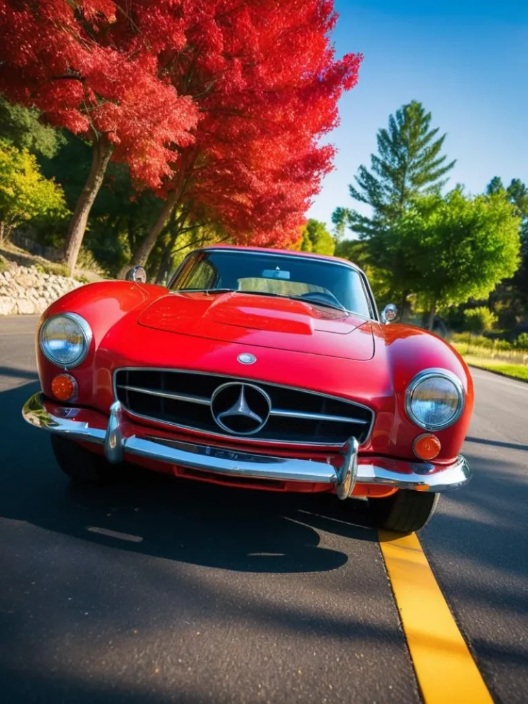 A classic red Mercedes vintage car on a road lined with vibrant autumn trees with red and green leaves, AI generated image using stable diffusion.