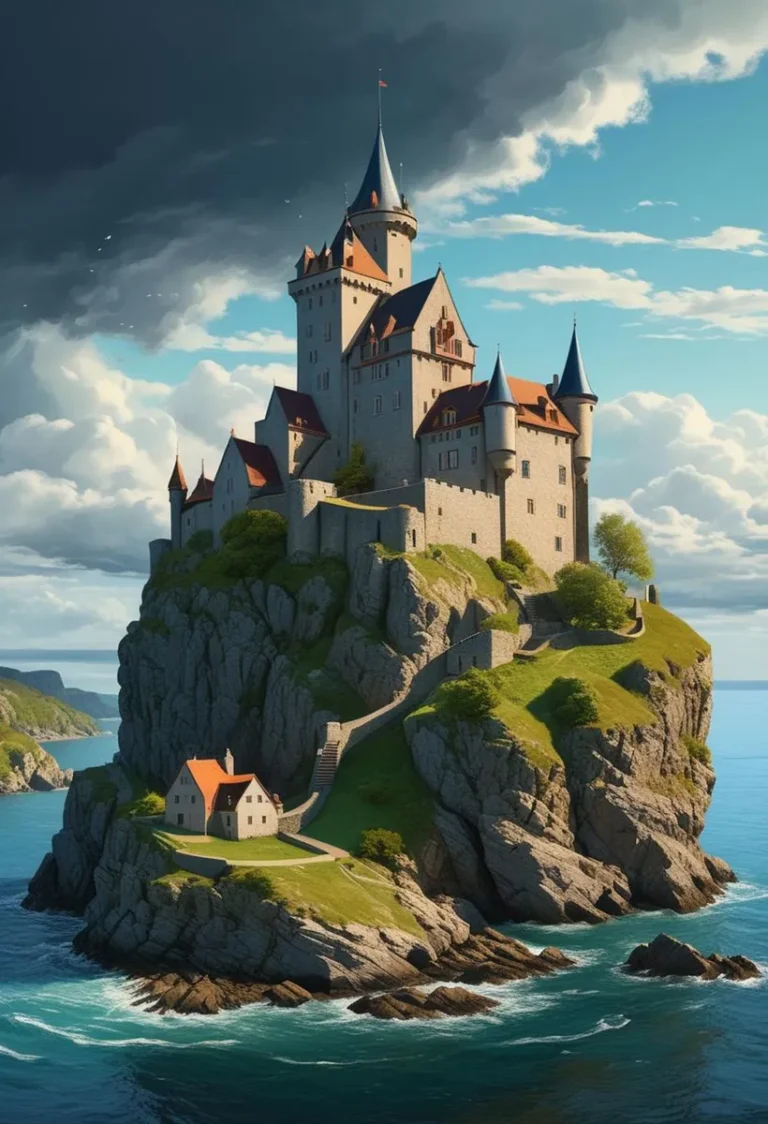 A fantasy castle perched on a tall, rocky cliff surrounded by the ocean, created using AI and Stable Diffusion.