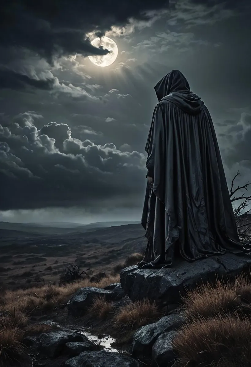 A cloaked figure standing on a rocky outcrop under a cloudy sky illuminated by the moon, AI generated image using Stable Diffusion.