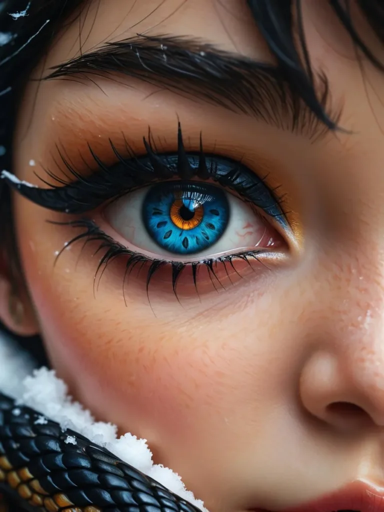 Close-up of a vibrant blue eye with detailed iris patterns, framed by thick lashes and eyebrow. Snow-tipped snake scales wrap around the face. AI generated image using stable diffusion.