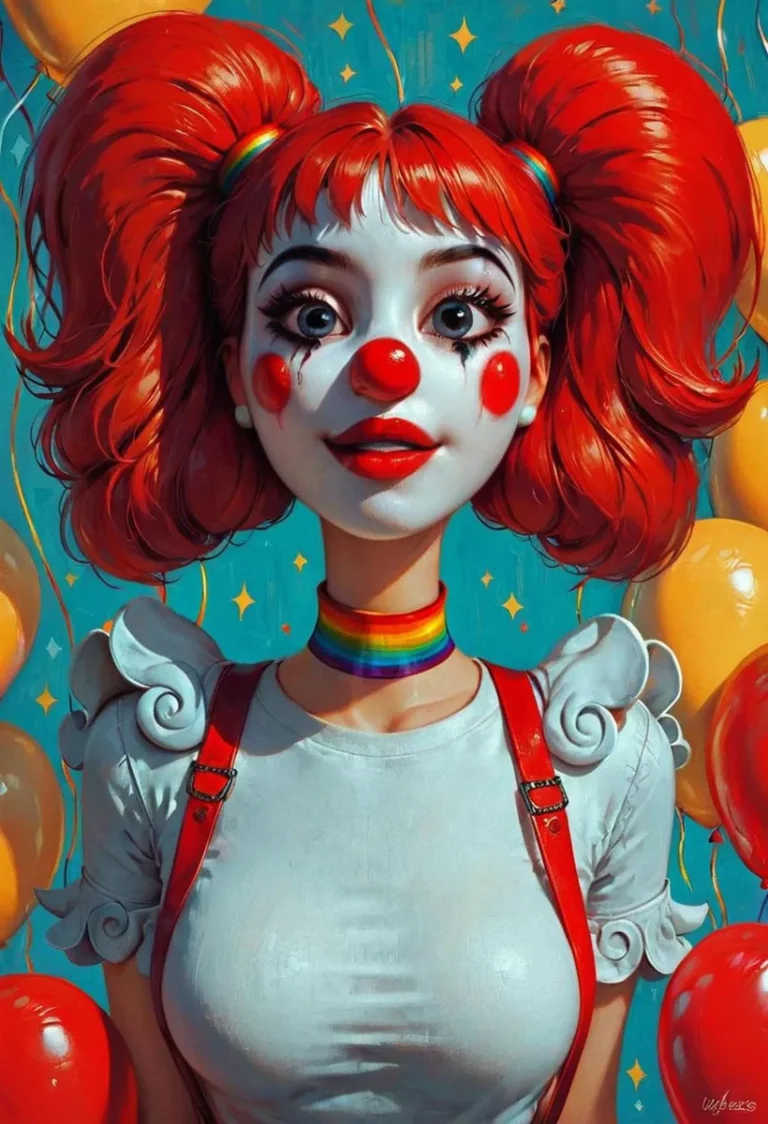 AI generated image of a clown girl with bright red hair in pigtails, a round red nose, white face makeup with red circles on her cheeks, and a rainbow choker.