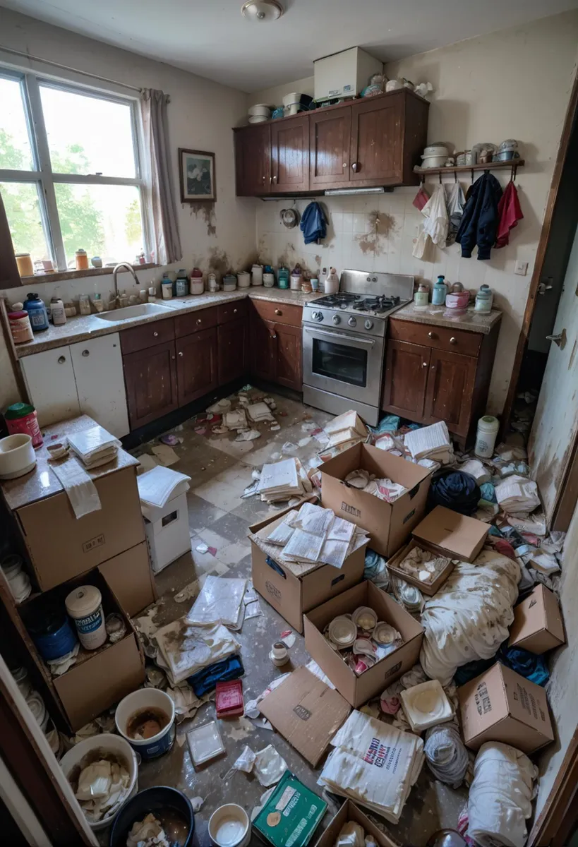 A cluttered and messy kitchen generated using Stable Diffusion AI.