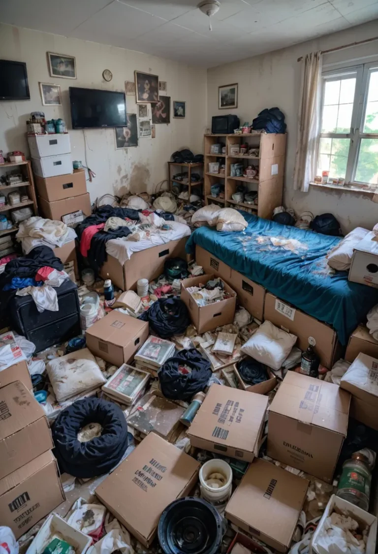 A cluttered room filled with boxes, clutter, and personal belongings, AI generated image using stable diffusion.