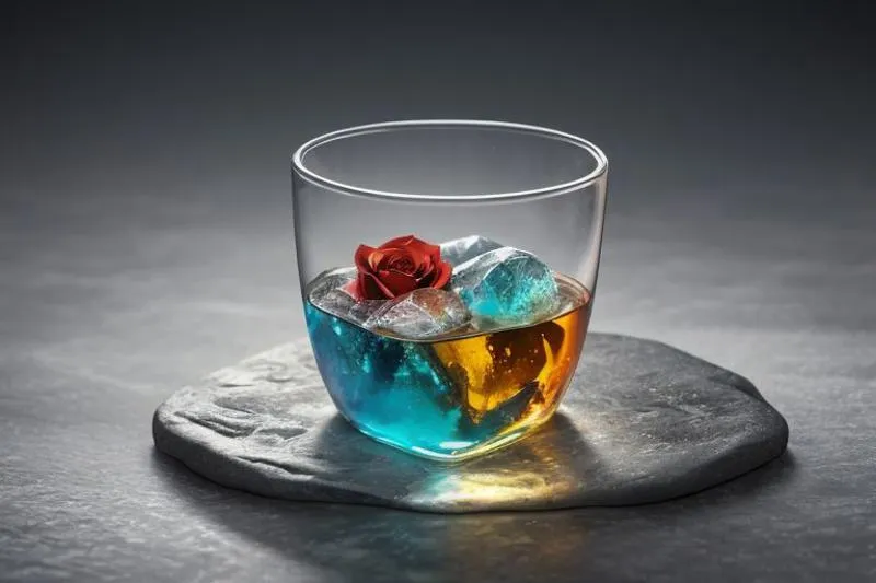 A cocktail glass filled with blue and amber liquid, containing ice cubes and a small red rose on top. AI generated image using Stable Diffusion.