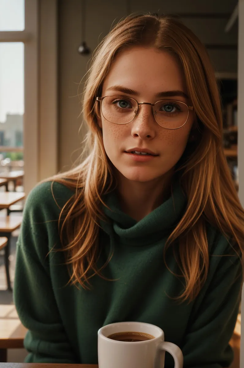 Casual portrait of a woman with glasses in a cozy coffee shop, generated using Stable Diffusion.