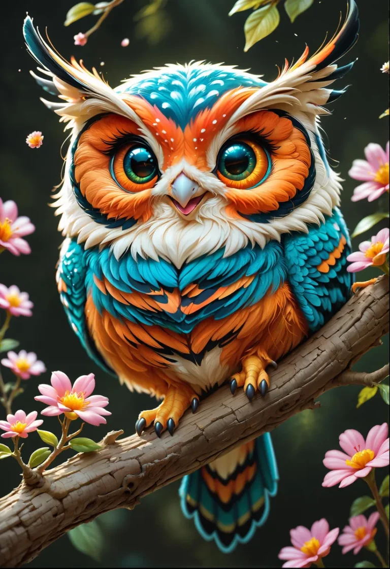 A colorful cartoon owl with large, expressive eyes perched on a branch surrounded by pink flowers, created using Stable Diffusion AI.