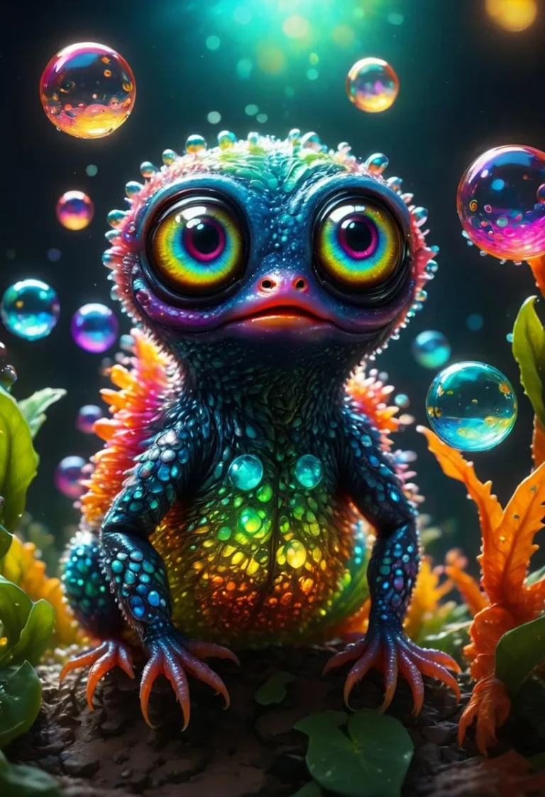 A colorful chameleon-like fantasy creature with large rainbow-colored eyes and glowing, iridescent scales surrounded by floating bubbles, created using Stable Diffusion AI.