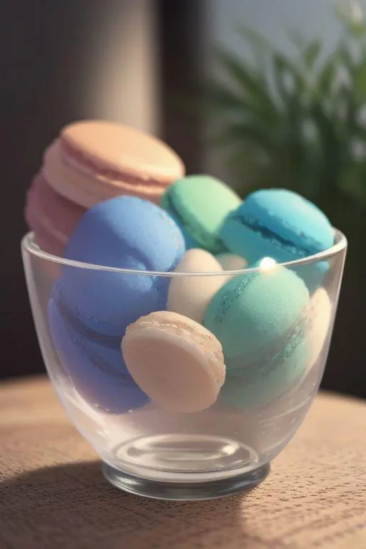 A variety of colorful macarons placed in a clear glass bowl. This image is AI generated using Stable Diffusion.