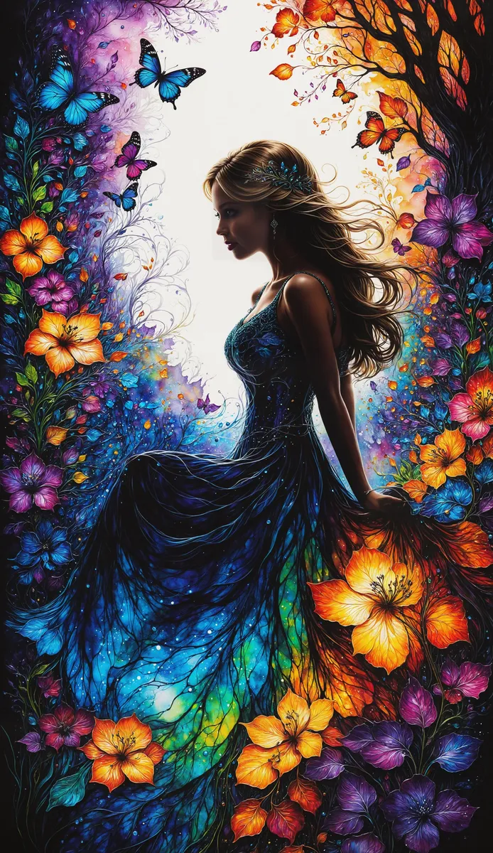 A colorful AI-generated image using Stable Diffusion, depicting a woman in a vibrant garden surrounded by butterflies. The woman is wearing a floral dress, with hues of blue, purple, and orange blending harmoniously with the garden around her.