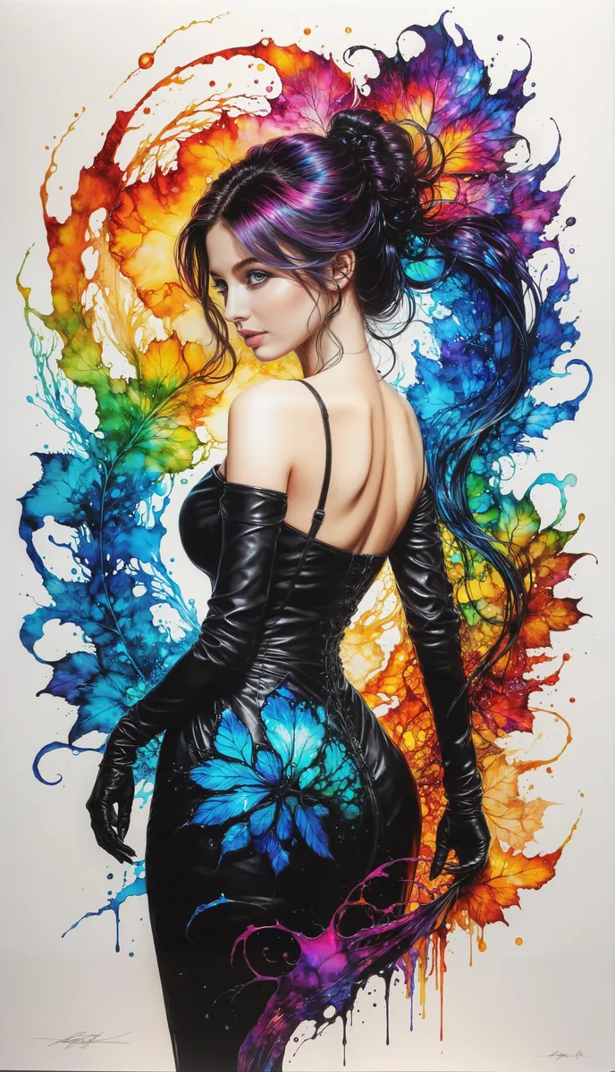 AI generated image using Stable Diffusion of a woman in a sleek black dress surrounded by vibrant galaxy-like colors and abstract patterns.