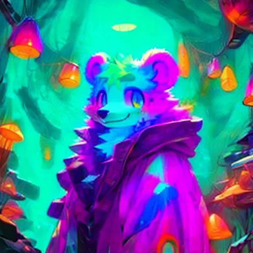 A colorful bear in a vibrant, fantastical forest, AI generated image using Stable Diffusion.
