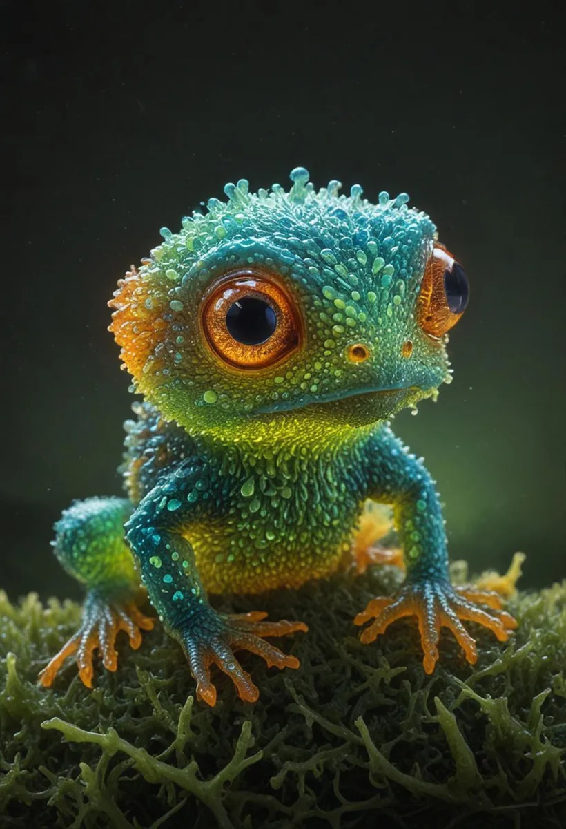 A vibrant and detailed digital artwork of a small frog with large orange eyes, created using Stable Diffusion AI.