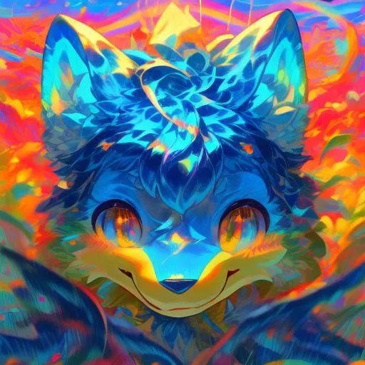 AI generated image using Stable Diffusion showcasing a colorful and vibrant furry fox character with vivid and swirling background.