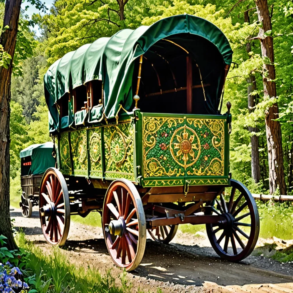 Colorful gypsy wagon with intricate designs and green canopy, horse-drawn, set against a lush forest background. This is an AI generated image using Stable Diffusion.