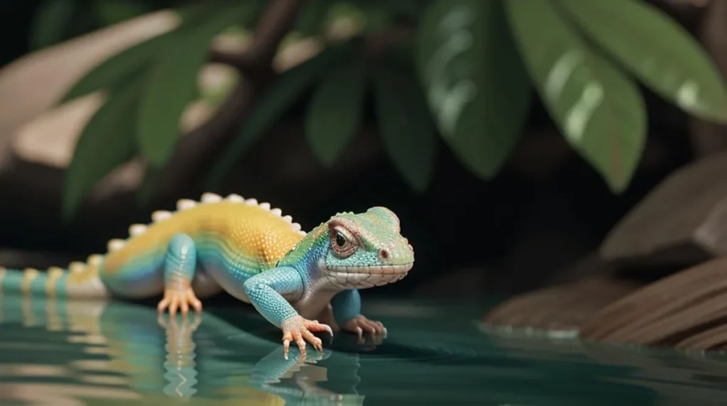 A vibrant, ai-generated image using stable diffusion of a bright and colorful lizard standing on a reflective surface in a tropical forest setting.