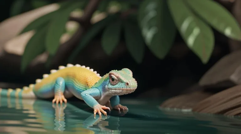 A vibrant, AI-generated image using Stable Diffusion of a bright and colorful lizard standing on a reflective surface in a tropical forest setting.