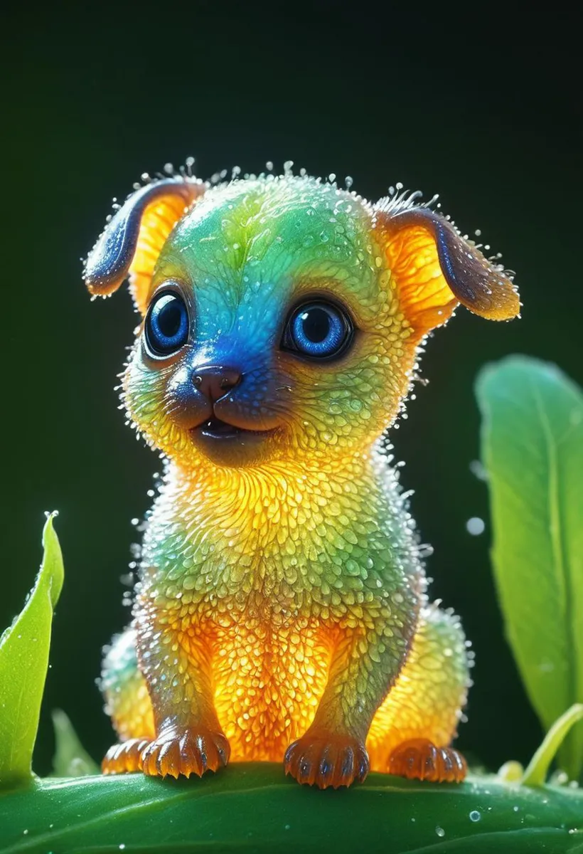 A cute, AI-generated puppy with a colorful, bioluminescent appearance, created using stable diffusion technology.