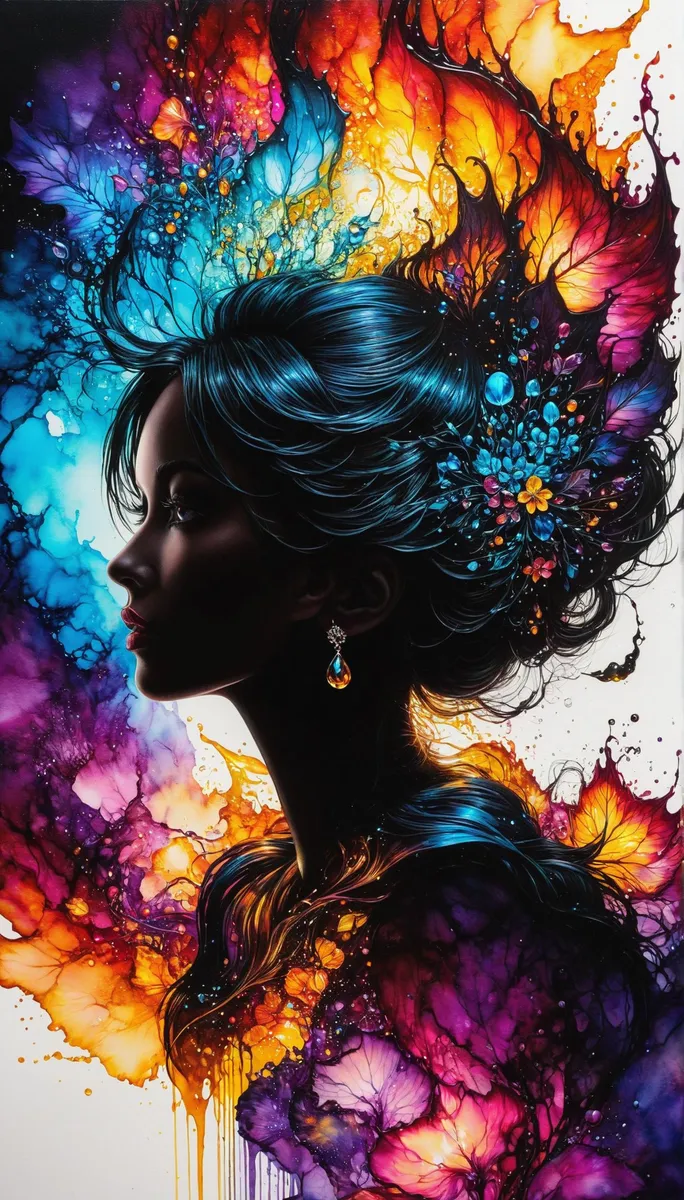 A colorful portrait of a woman with detailed abstract fantasy art, created using Stable Diffusion. The image features vibrant colors such as blue, orange, and purple, with flowing forms and intricate detail in her hair and background.