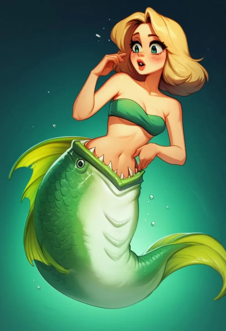 A comic style illustration of a surprised mermaid wearing a green bikini top, with the lower half of her body being inside the mouth of a large, green fish. This is an AI generated image using stable diffusion.