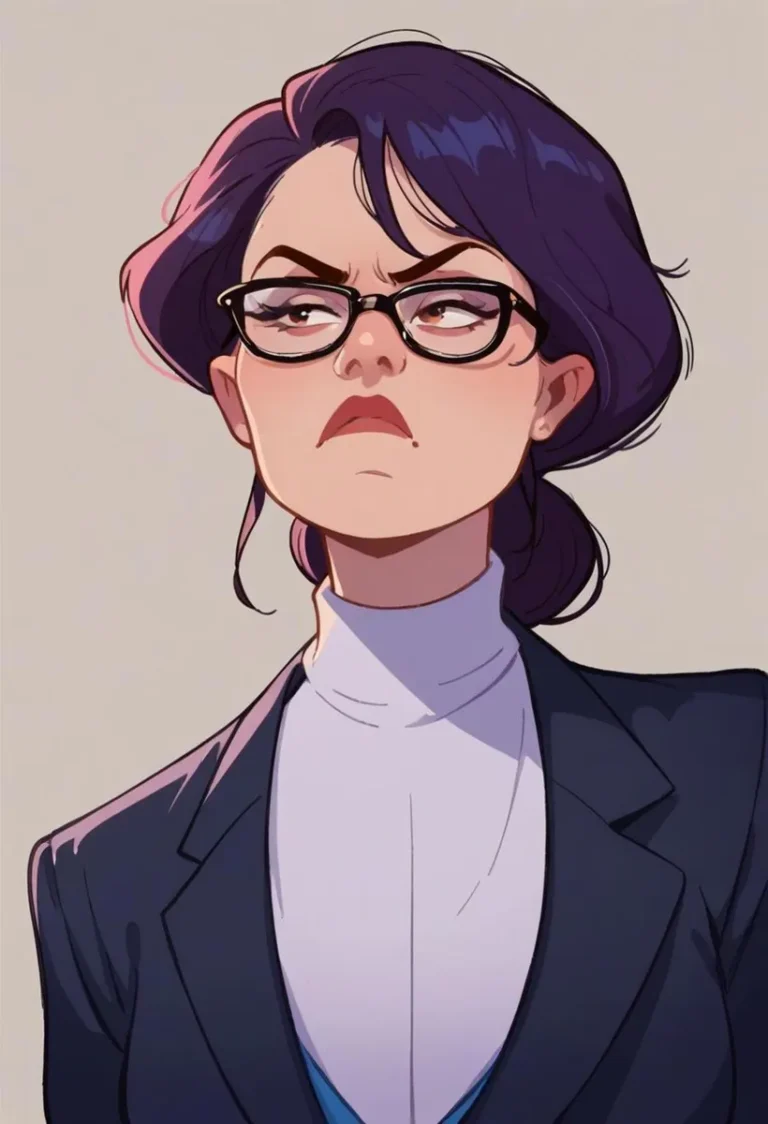 AI generated image using stable diffusion of a confident cartoon woman with purple hair and glasses wearing a black blazer and high-neck shirt.