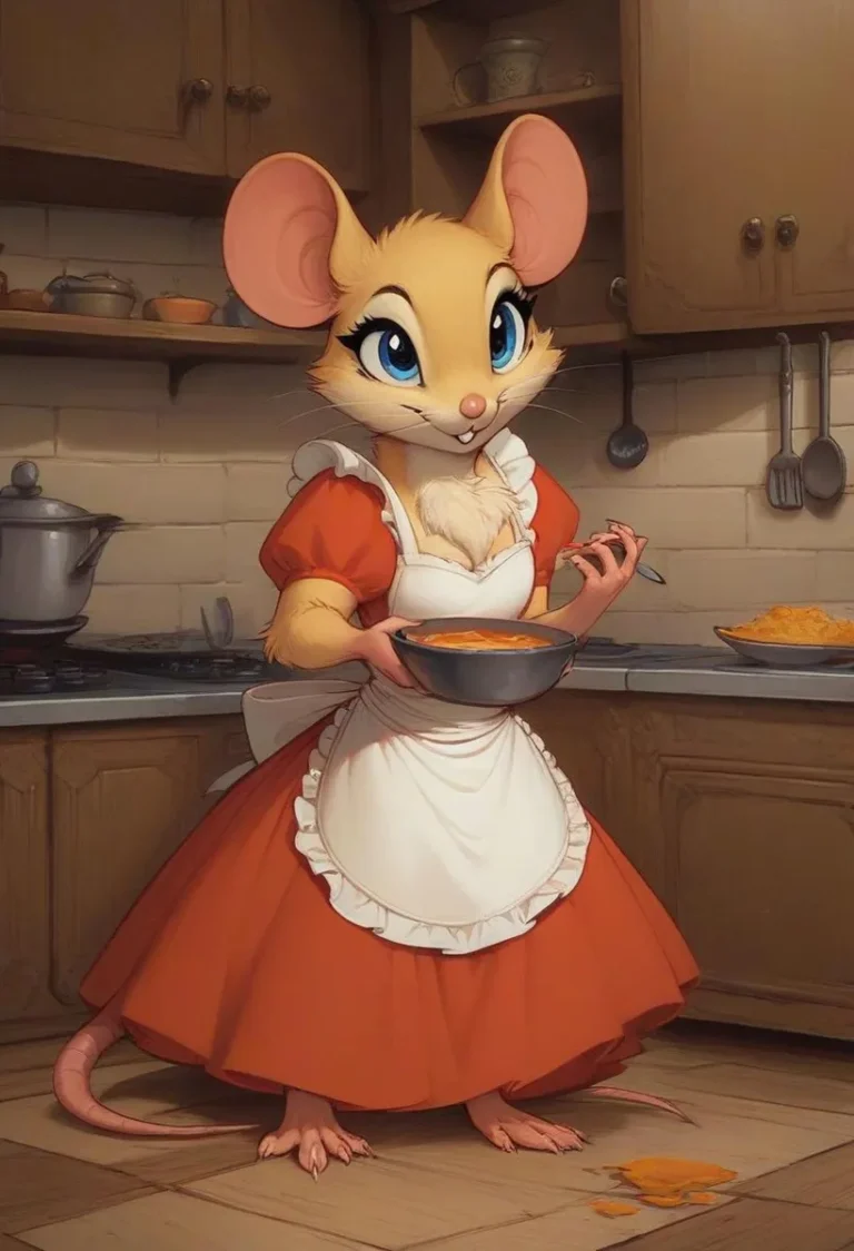 Anthropomorphic mouse in a red dress and white apron cooking in a kitchen, created using Stable Diffusion.