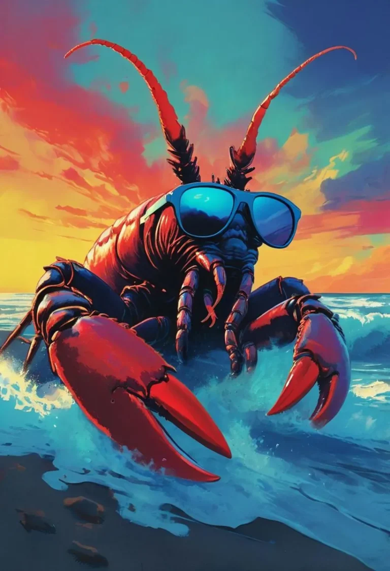 A vibrant AI-generated image of a lobster wearing sunglasses on a beach during sunset, created using Stable Diffusion.